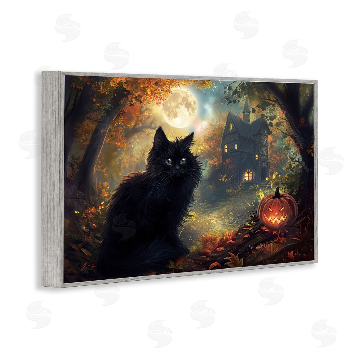 Black Cat & Haunted Mansion Grey Frame Print Wall Art, Home Decor by Wumples
