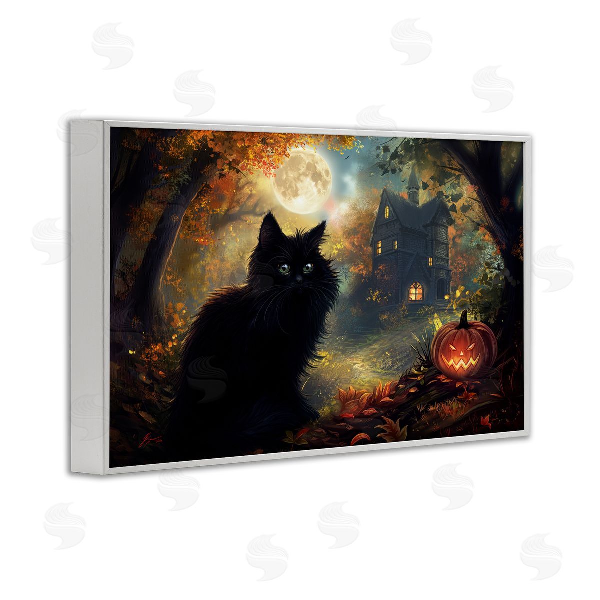Black Cat & Haunted Mansion White Frame Print Wall Art, Home Decor by Wumples