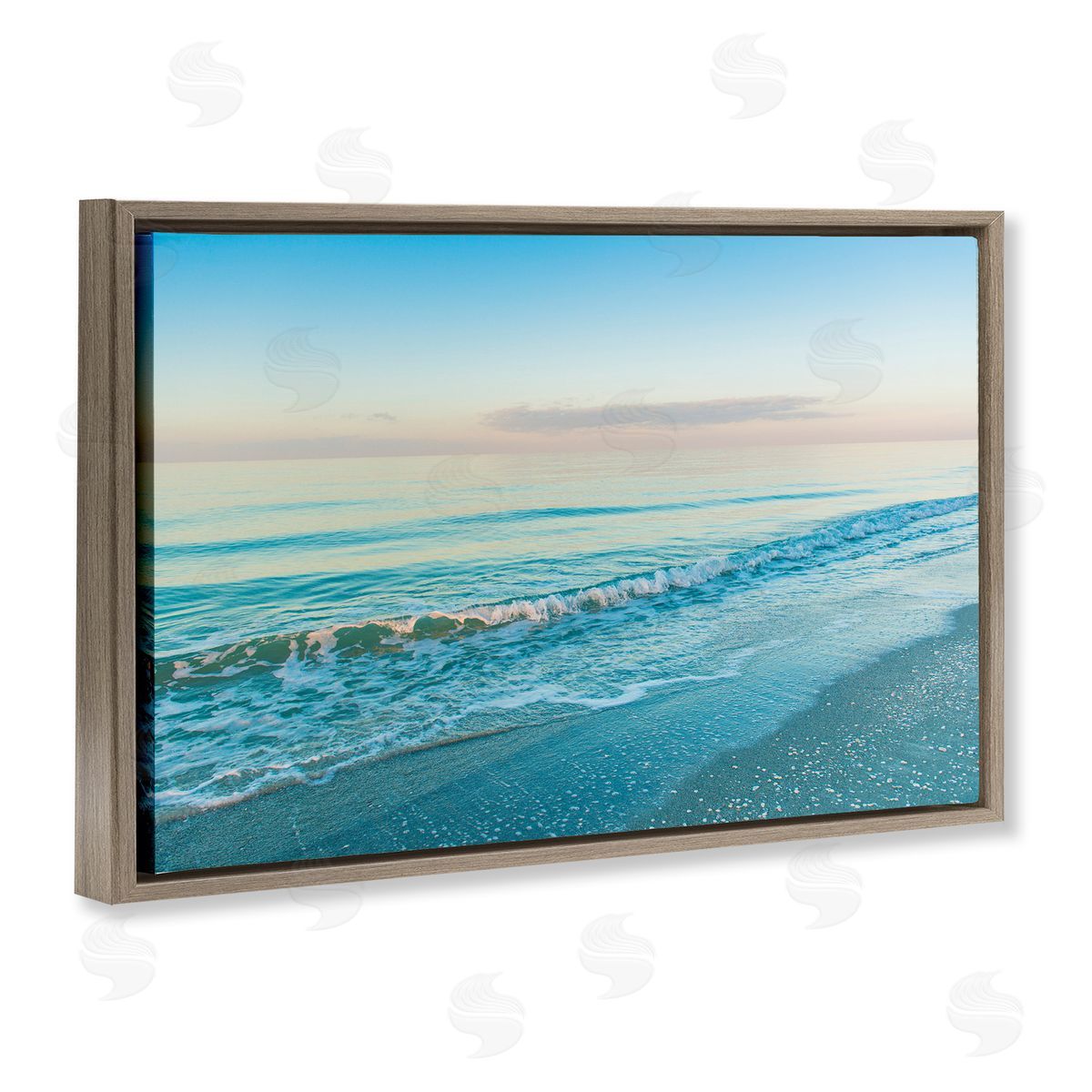 Serene Waves at Sunrise Brown Floating Frame Canvas Wall Art, Home Decor by Mary Lou Johnson