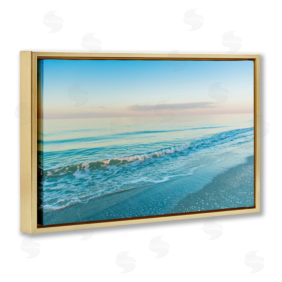 Serene Waves at Sunrise Gold Floating Frame Canvas Wall Art, Home Decor by Mary Lou Johnson