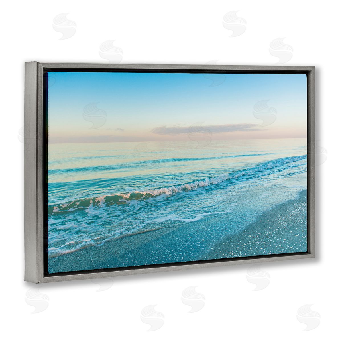 Serene Waves at Sunrise Grey Floating Frame Canvas Wall Art, Home Decor by Mary Lou Johnson