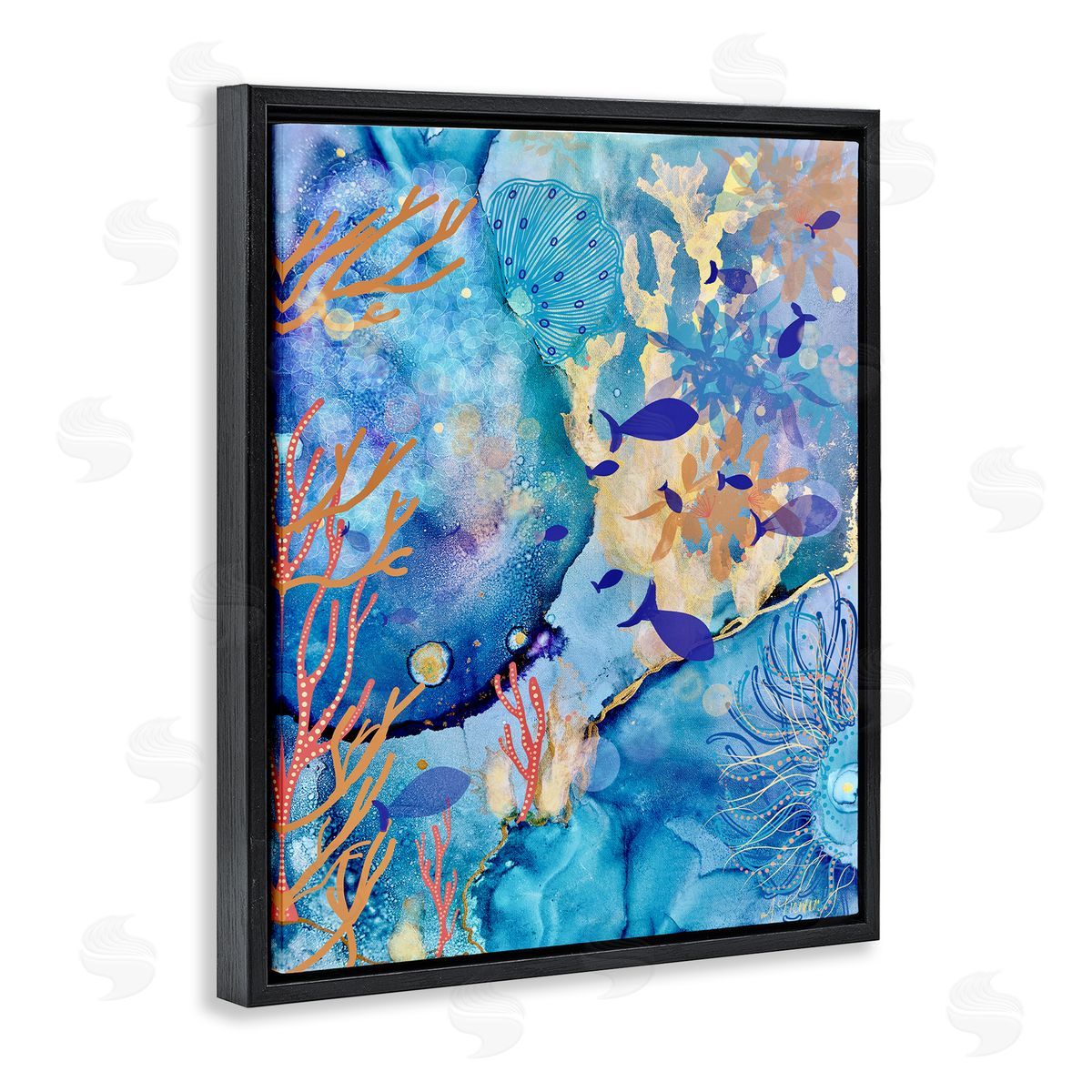 Coral & Sea Life Collage Black Floating Frame Canvas Wall Art, Home Decor by Amy Tieman
