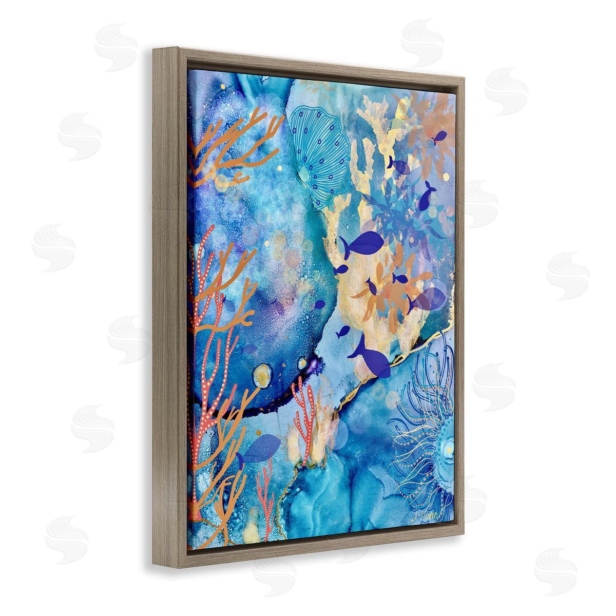 Coral & Sea Life Collage Brown Floating Frame Canvas Wall Art, Home Decor by Amy Tieman