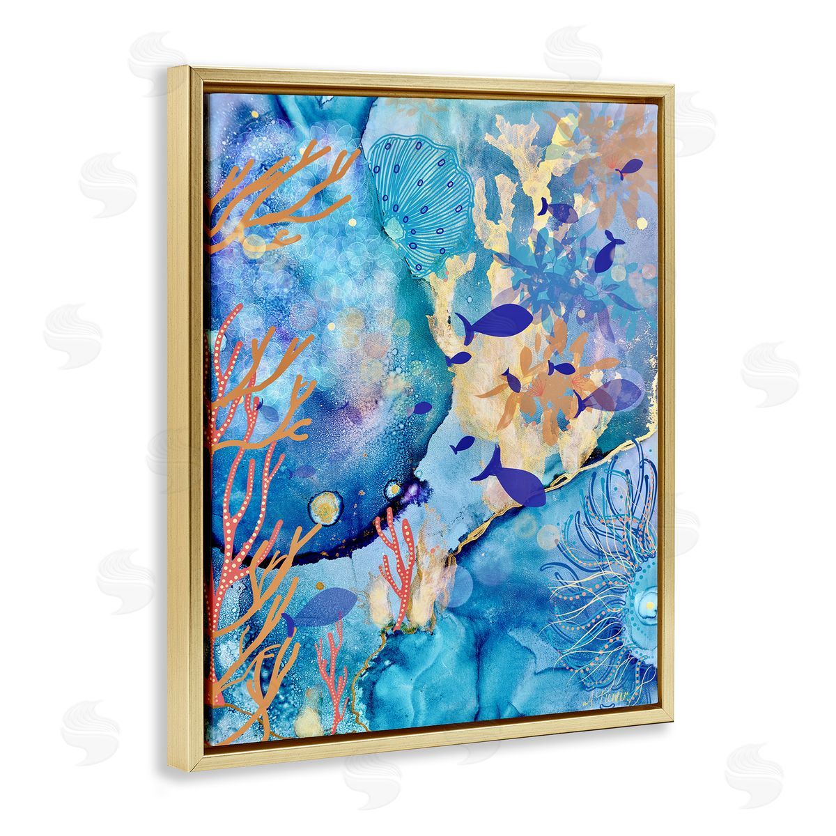 Coral & Sea Life Collage Gold Floating Frame Canvas Wall Art, Home Decor by Amy Tieman
