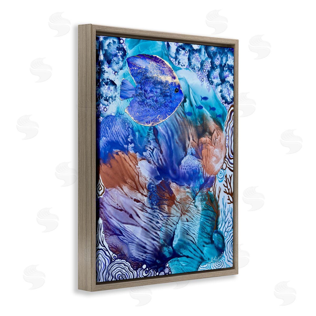 Underwater Fish Sea Life Brown Floating Frame Canvas Wall Art, Home Decor by Amy Tieman