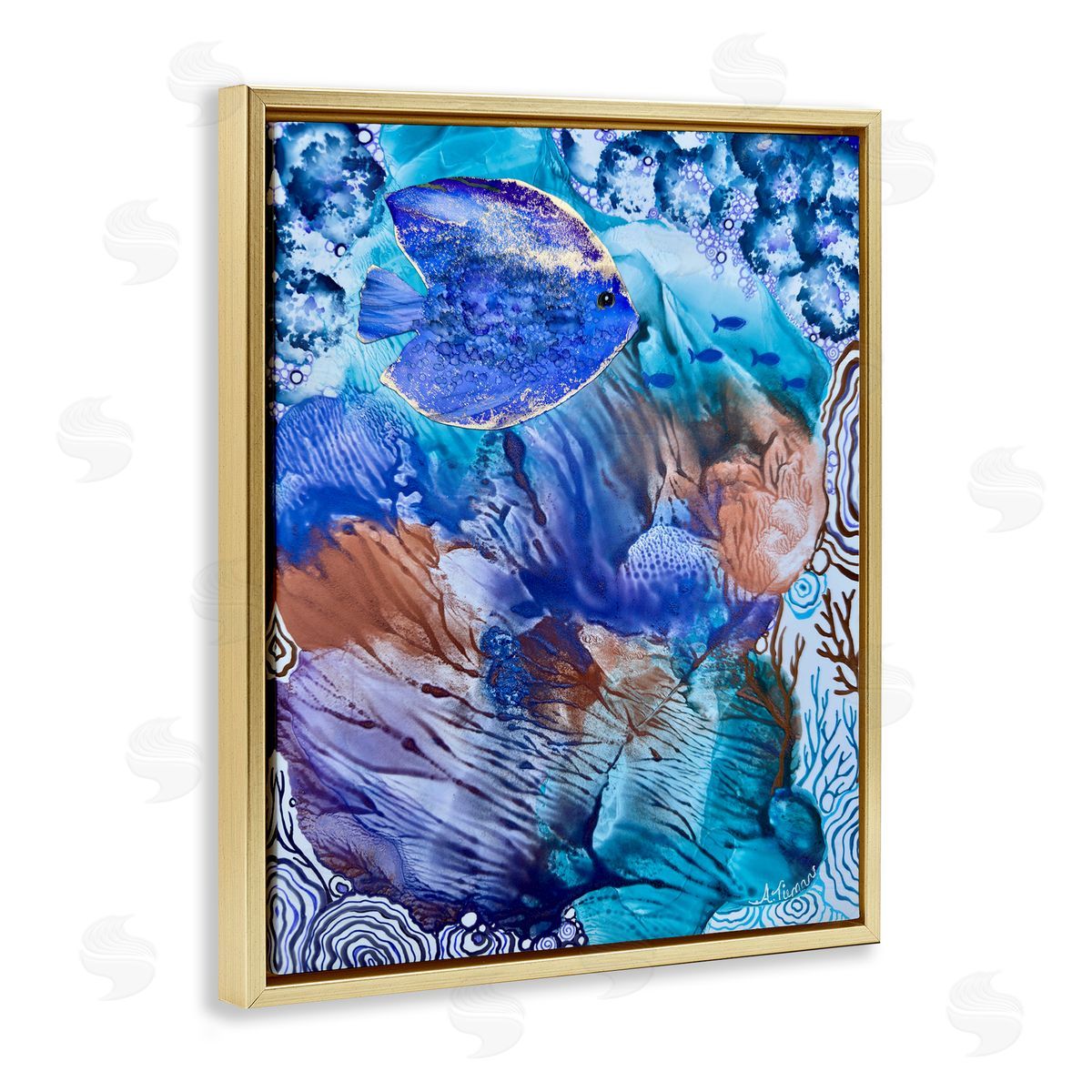 Underwater Fish Sea Life Gold Floating Frame Canvas Wall Art, Home Decor by Amy Tieman
