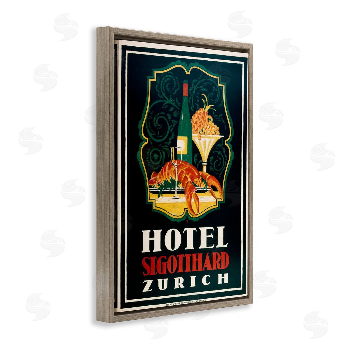 Vintage Hotel Zurich with Lobster Brown Floating Frame Canvas Wall Art, Home Decor by Marcus Jules