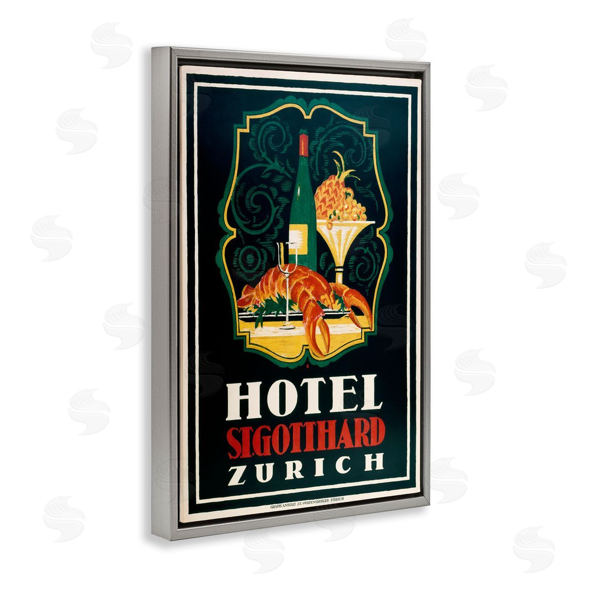 Vintage Hotel Zurich with Lobster Grey Floating Frame Canvas Wall Art, Home Decor by Marcus Jules
