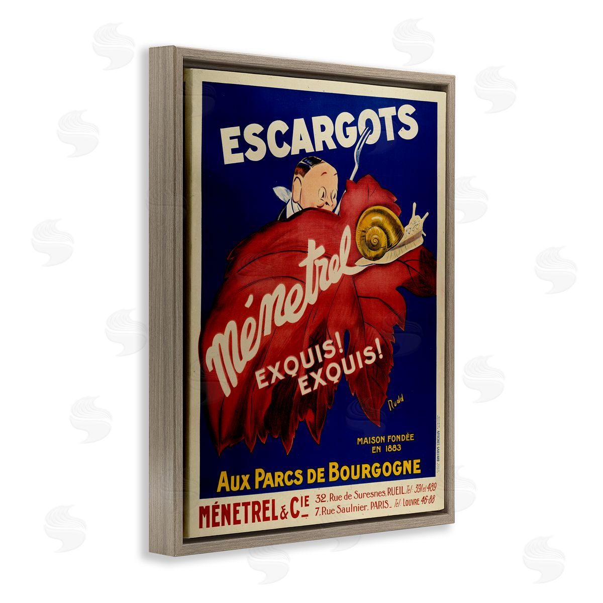 Vintage Escargots Advertisement Brown Floating Frame Canvas Wall Art, Home Decor by Marcus Jules