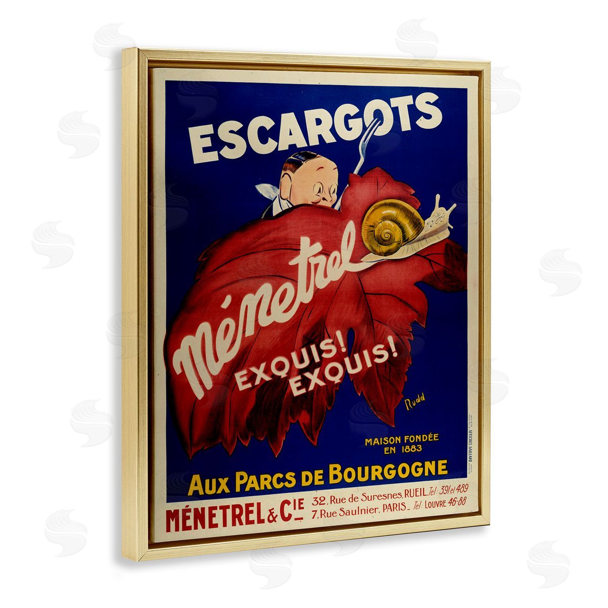 Vintage Escargots Advertisement Gold Floating Frame Canvas Wall Art, Home Decor by Marcus Jules