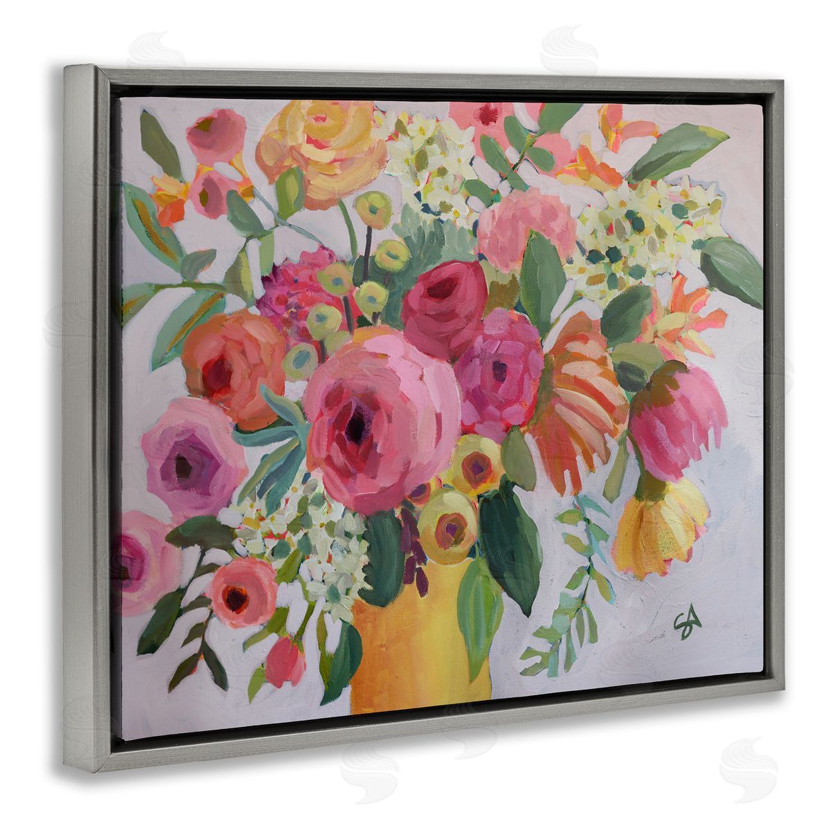 Assorted Flowers in Pink & Yellow Grey Floating Frame Canvas Wall Art, Home Decor by Suzanne Allard