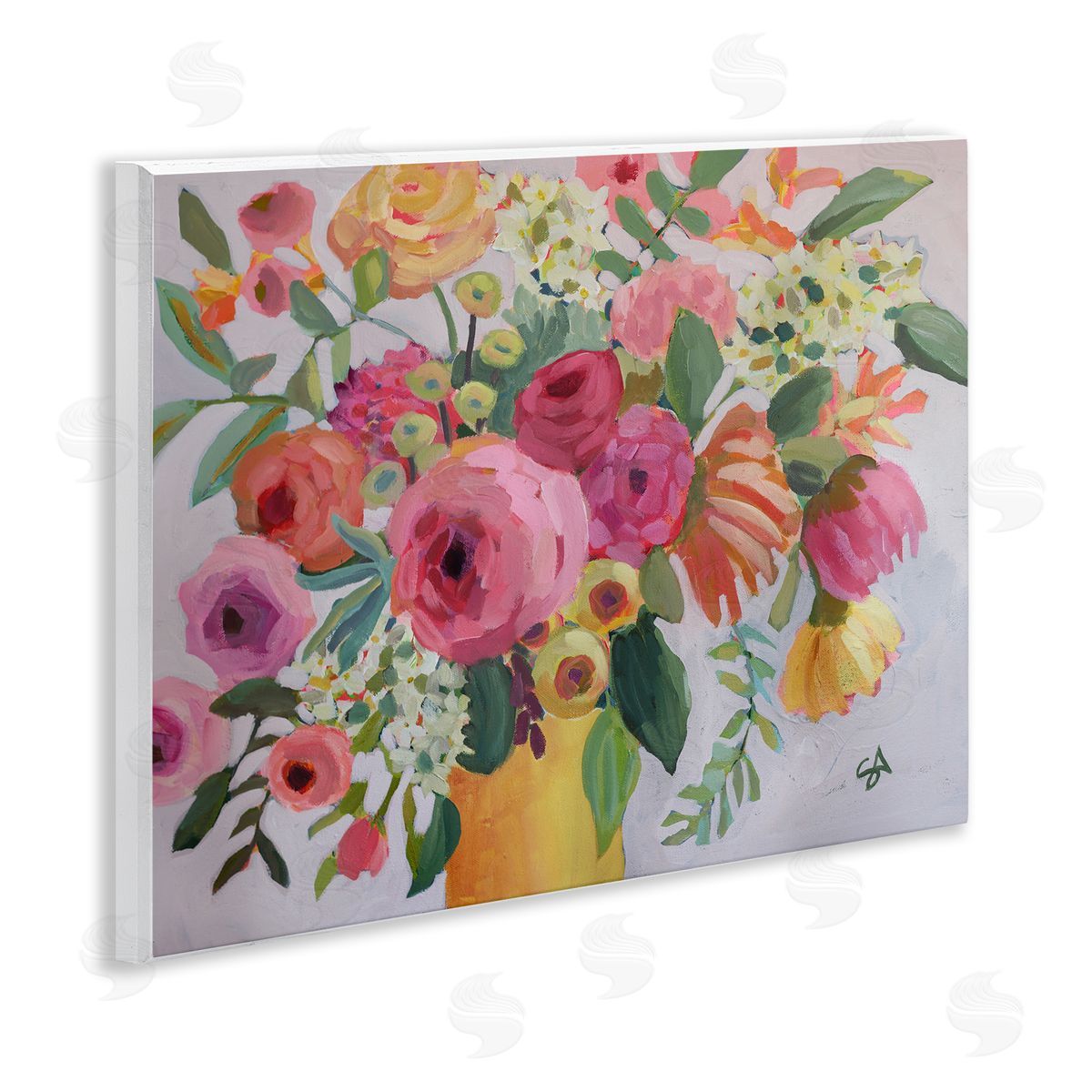 Assorted Flowers in Pink & Yellow Wood Plaque Wall Art, Home Decor by Suzanne Allard