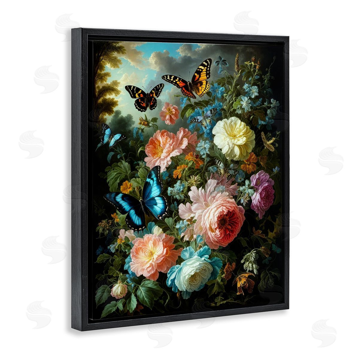 Blooming Roses & Monarch Butterflies Black Floating Frame Canvas Wall Art, Home Decor by Tabz Jones