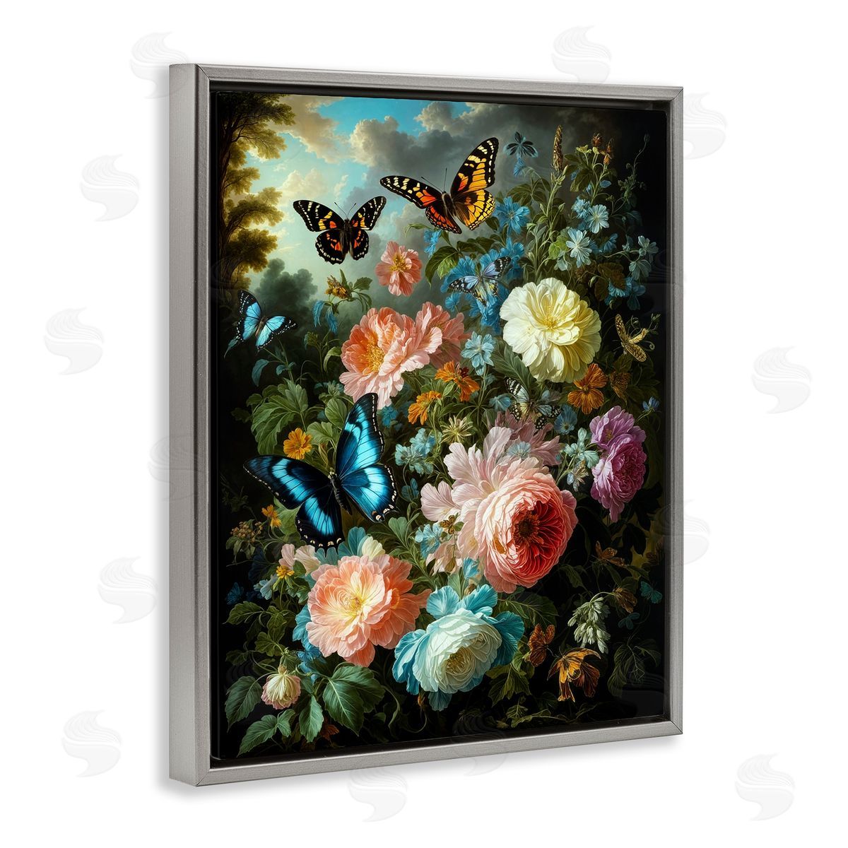 Blooming Roses & Monarch Butterflies Grey Floating Frame Canvas Wall Art, Home Decor by Tabz Jones