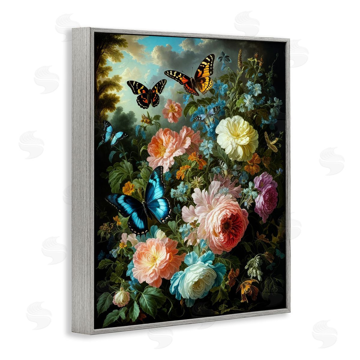 Blooming Roses & Monarch Butterflies Grey Frame Print Wall Art, Home Decor by Tabz Jones