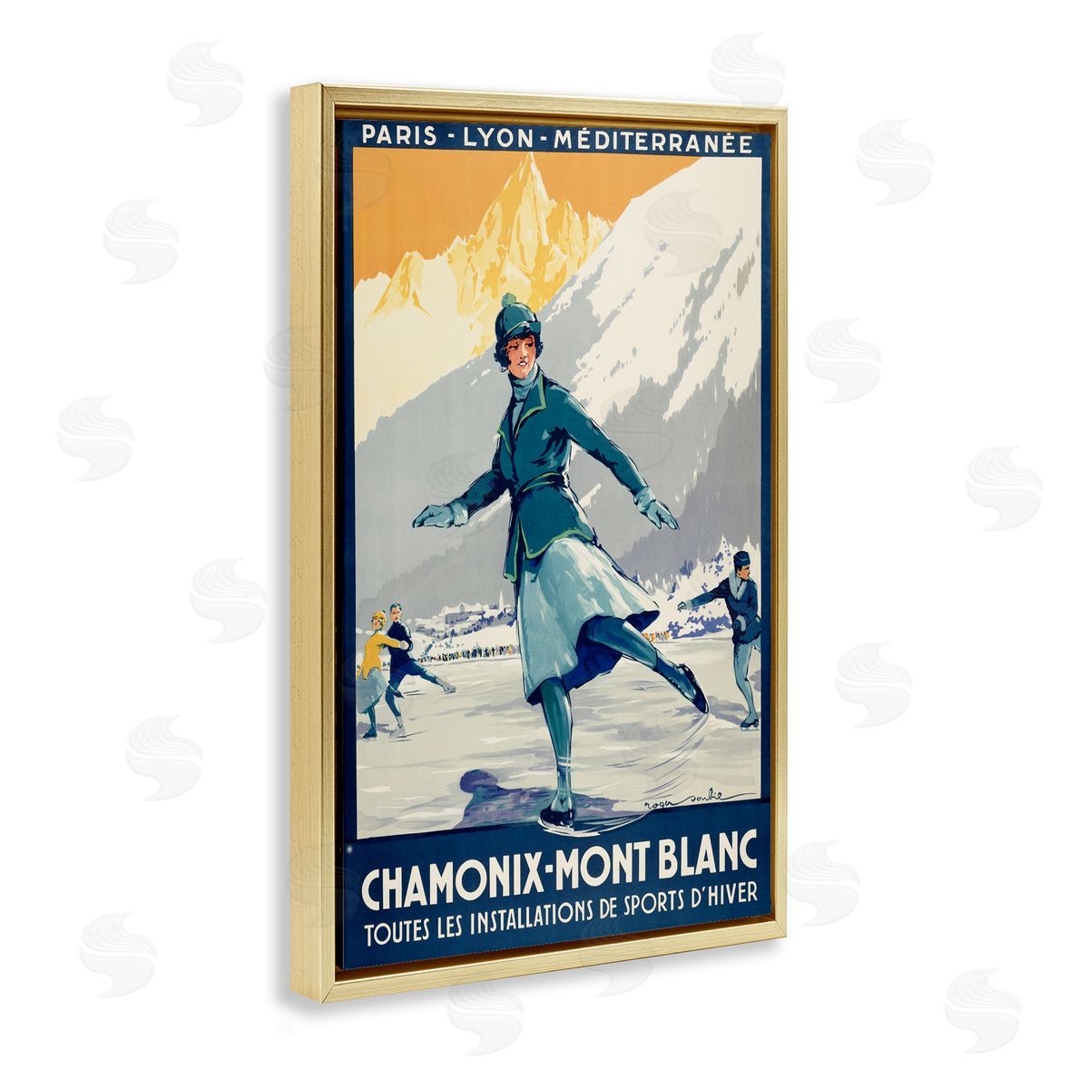 Vintage Ice Skating Advertisement Gold Floating Frame Canvas Wall Art, Home Decor by Marcus Jules