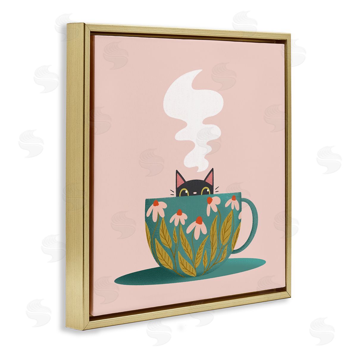 Cat Peeking Over Teacup Gold Floating Frame Canvas Wall Art, Home Decor by Sarah Hickman