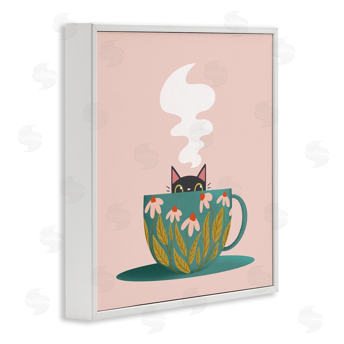 Cat Peeking Over Teacup White Frame Print Wall Art, Home Decor by Sarah Hickman