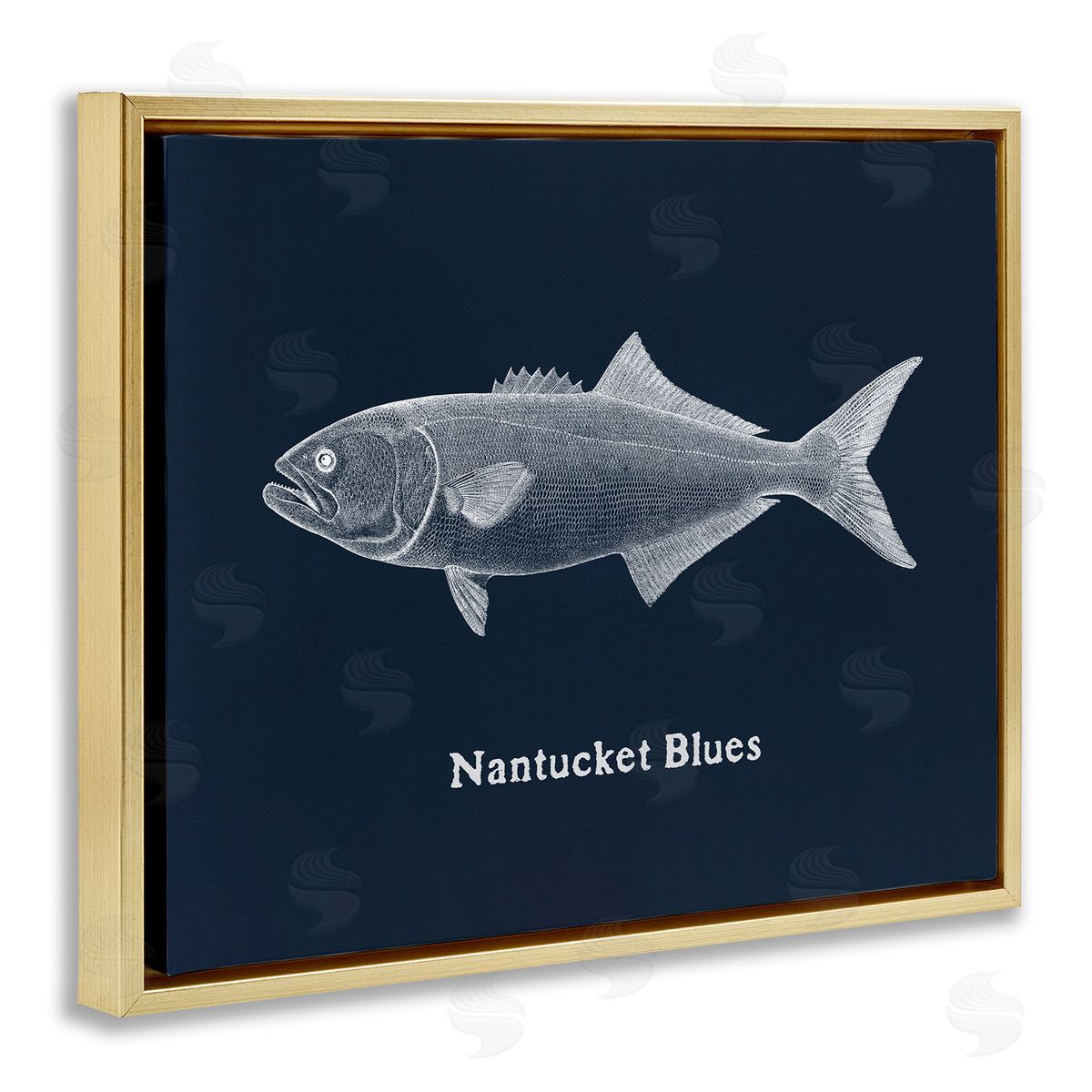 Nantucket Blues Fish Gold Floating Frame Canvas Wall Art, Home Decor by Phillipa Katz