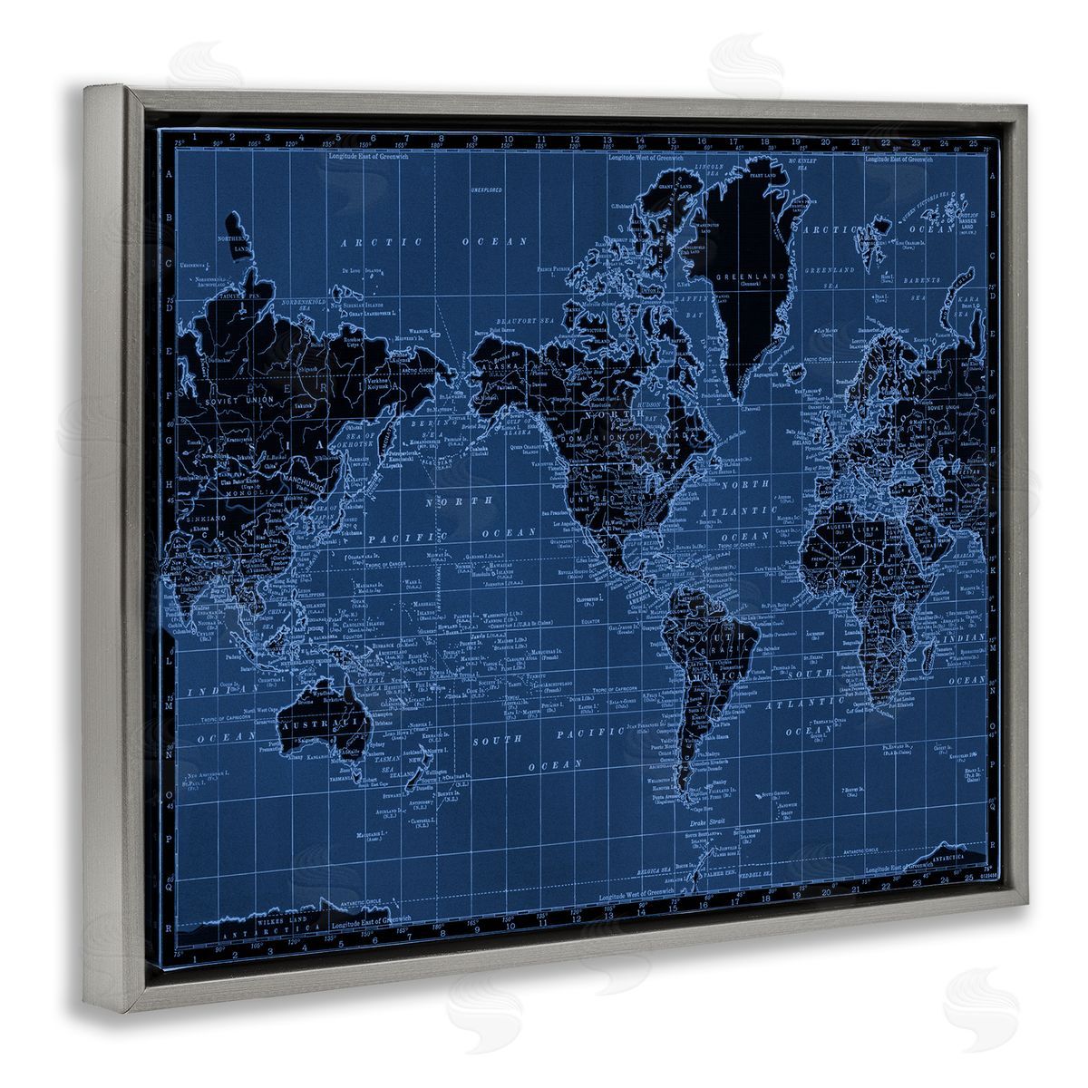 Blue Toned World Map Grey Floating Frame Canvas Wall Art, Home Decor by Phillipa Katz