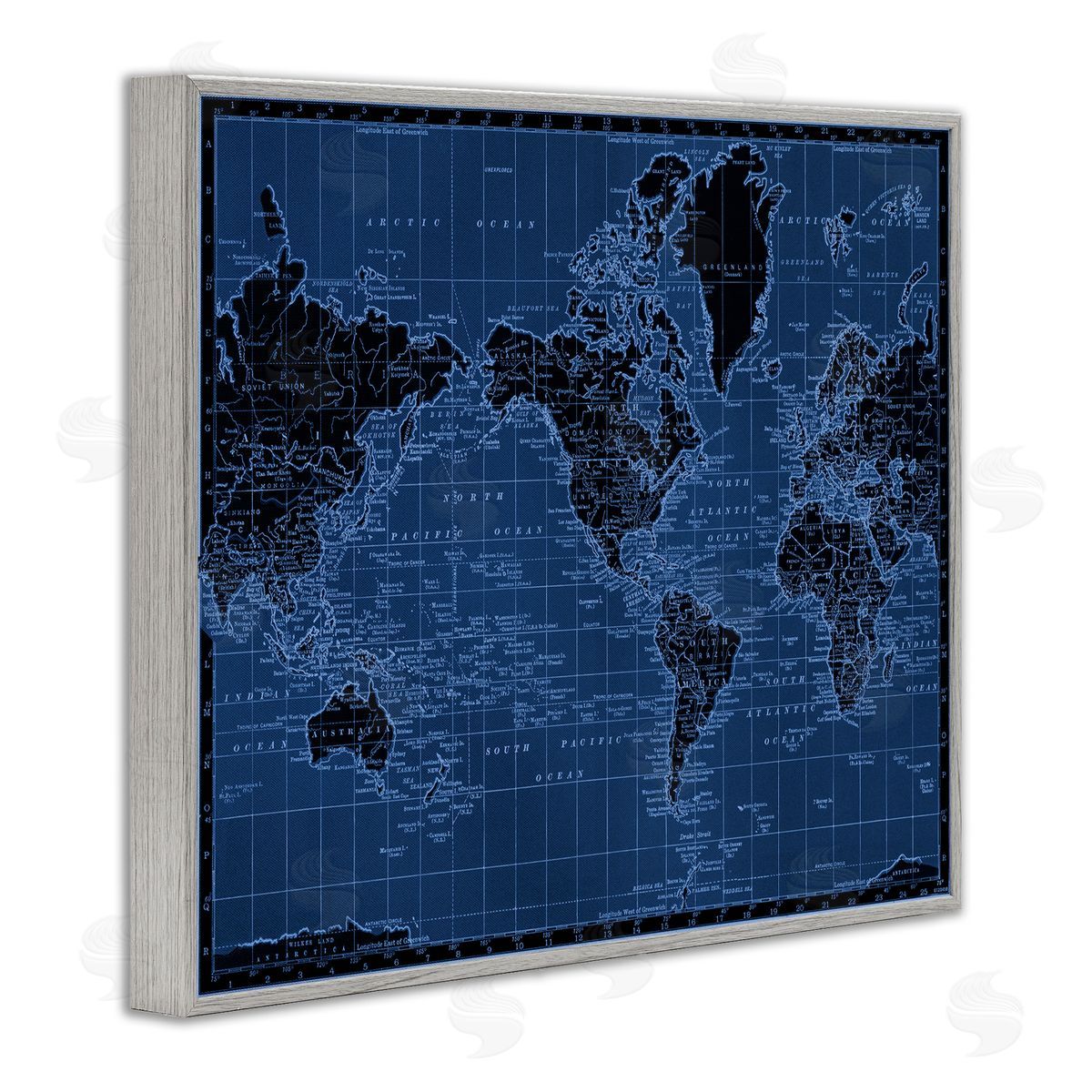 Blue Toned World Map Grey Frame Print Wall Art, Home Decor by Phillipa Katz