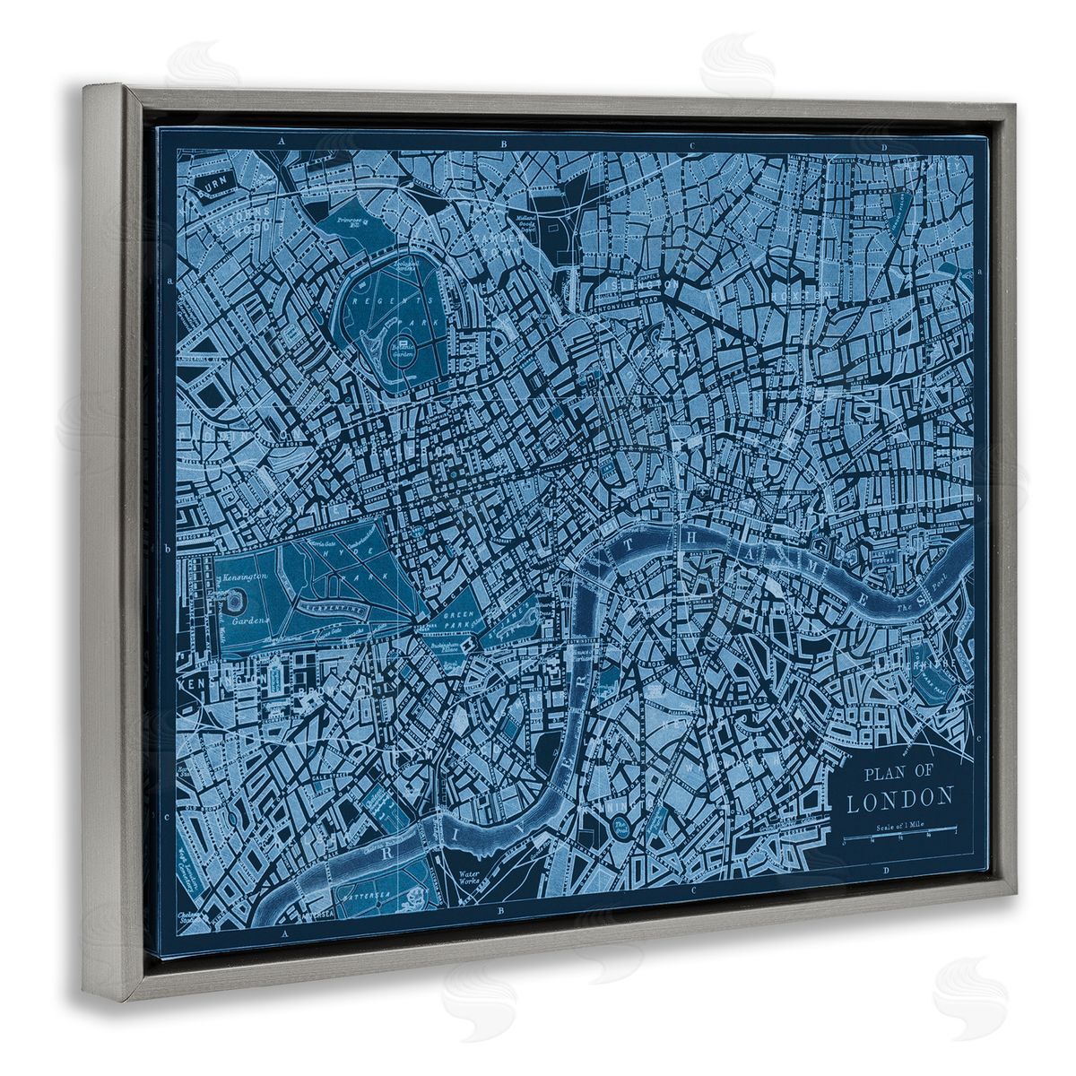 Blue Detailed London Map Grey Floating Frame Canvas Wall Art, Home Decor by Phillipa Katz