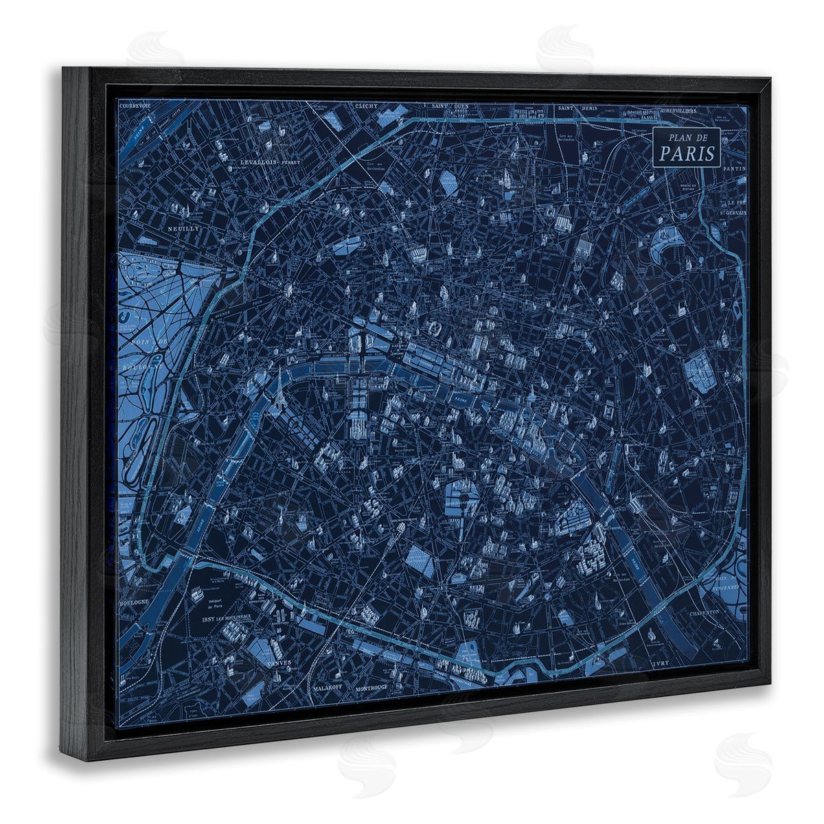 Blue Detailed Paris Map Black Floating Frame Canvas Wall Art, Home Decor by Phillipa Katz