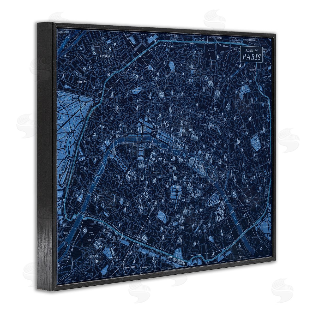 Blue Detailed Paris Map Black Frame Print Wall Art, Home Decor by Phillipa Katz