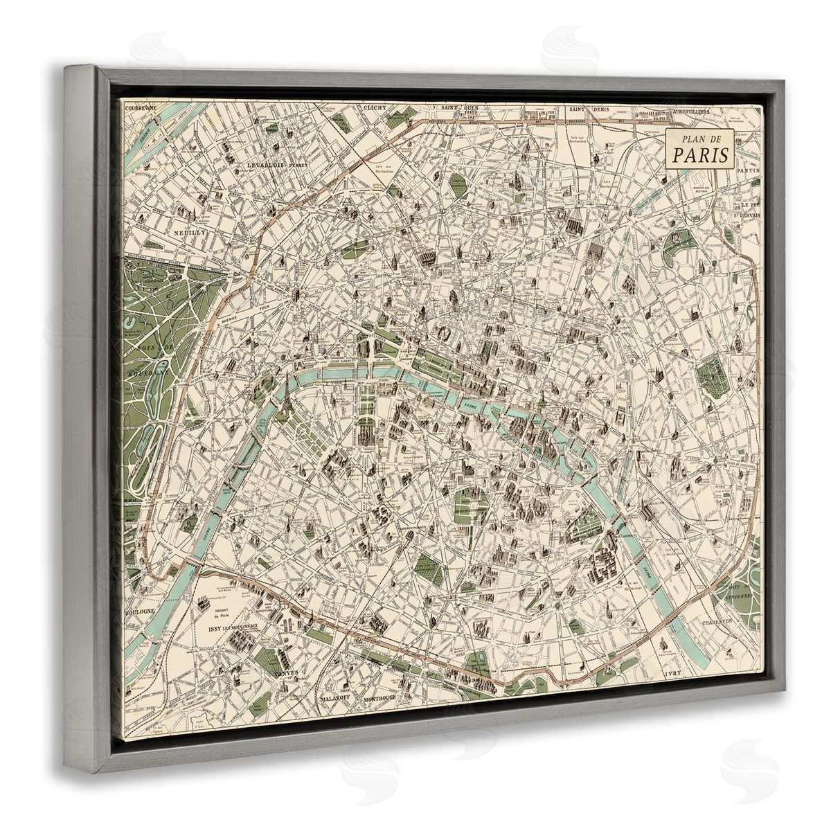 Vintage Map of Paris Grey Floating Frame Canvas Wall Art, Home Decor by Phillipa Katz