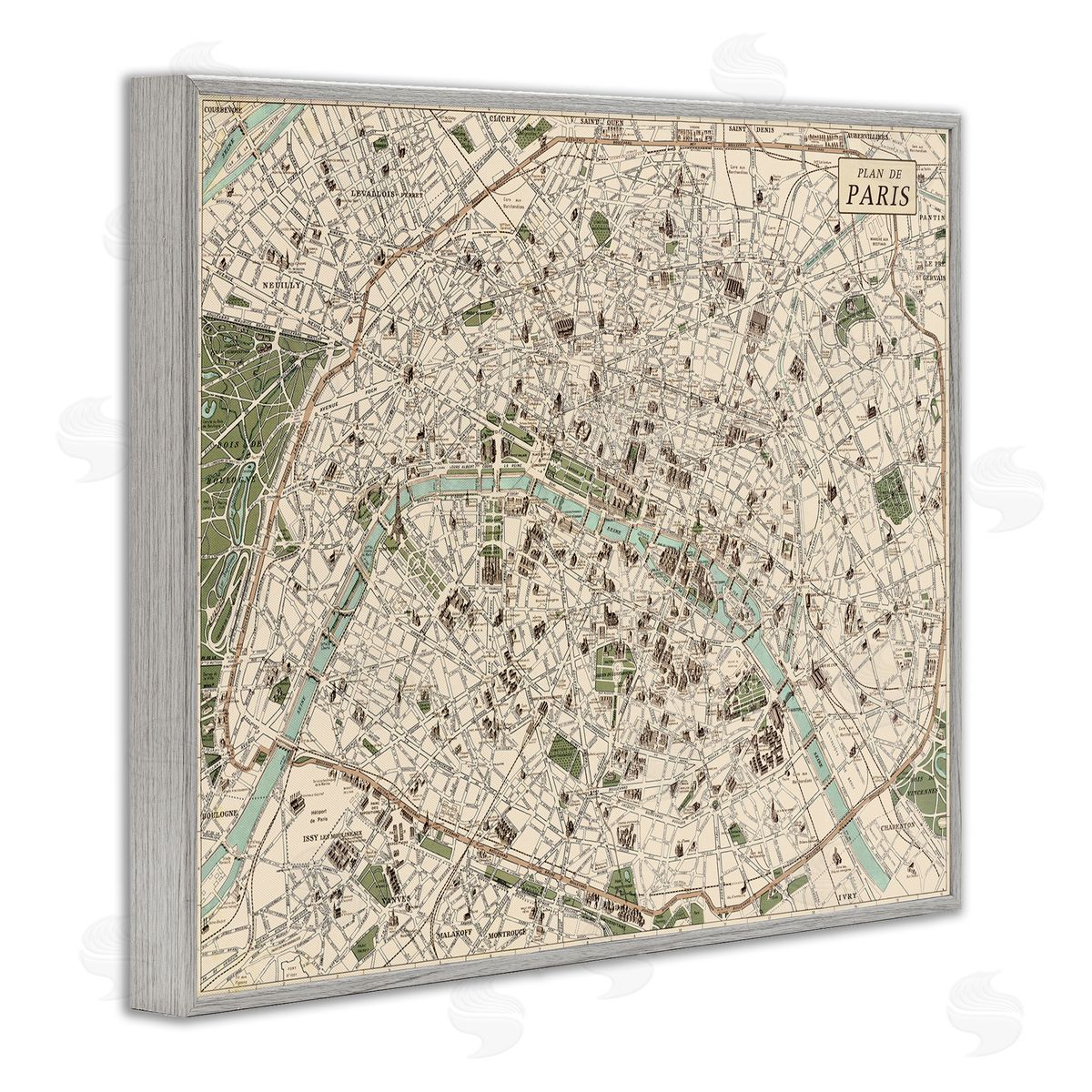 Vintage Map of Paris Grey Frame Print Wall Art, Home Decor by Phillipa Katz
