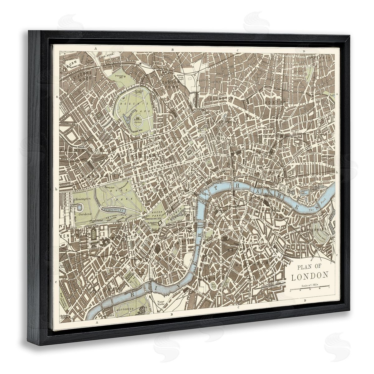 Vintage Blueprint Plant of London Black Floating Frame Canvas Wall Art, Home Decor by Phillipa Katz