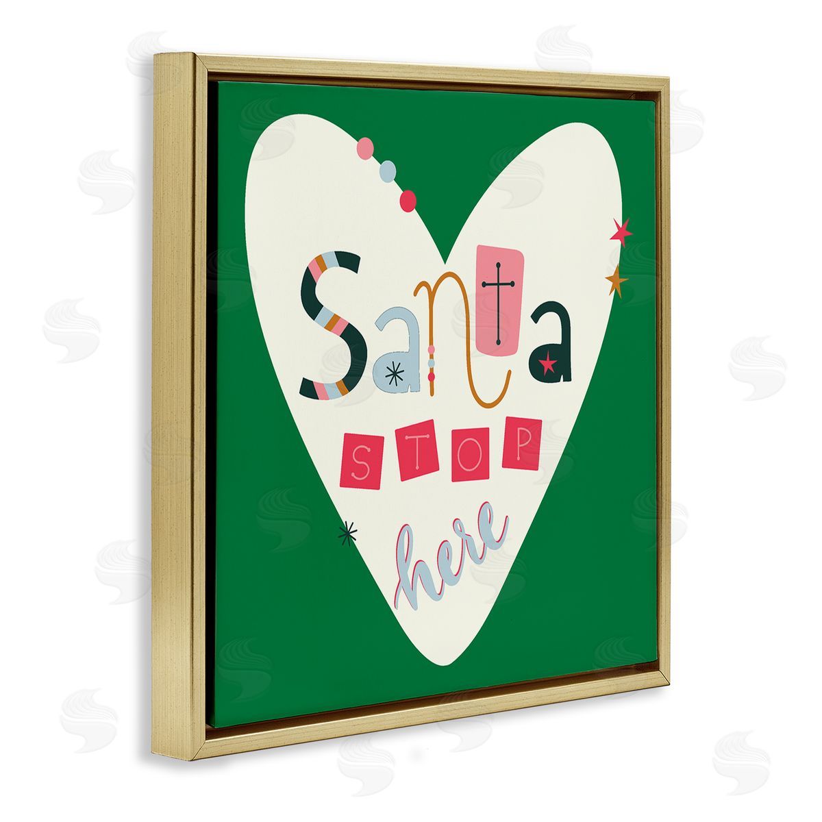 Santa Stop Here Heart Gold Floating Frame Canvas Wall Art, Home Decor by Sazerelli Designs