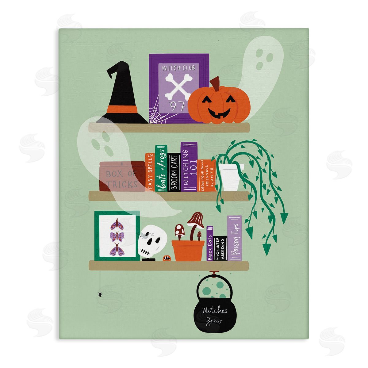 Witchy Halloween Bookshelf Canvas Wall Art, Home Decor by Sazerelli Designs