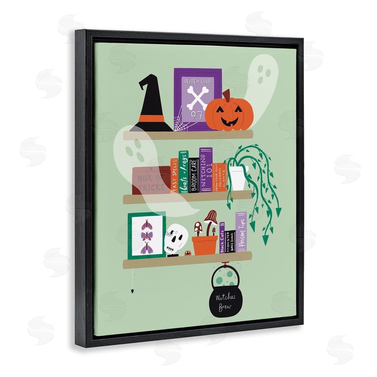 Witchy Halloween Bookshelf Black Floating Frame Canvas Wall Art, Home Decor by Sazerelli Designs
