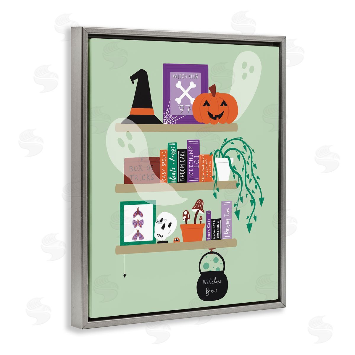 Witchy Halloween Bookshelf Grey Floating Frame Canvas Wall Art, Home Decor by Sazerelli Designs
