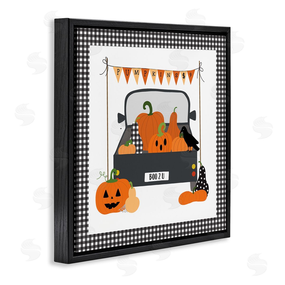 Pumpkin Truck with Gingham Border Black Floating Frame Canvas Wall Art, Home Decor by Sazerelli Designs