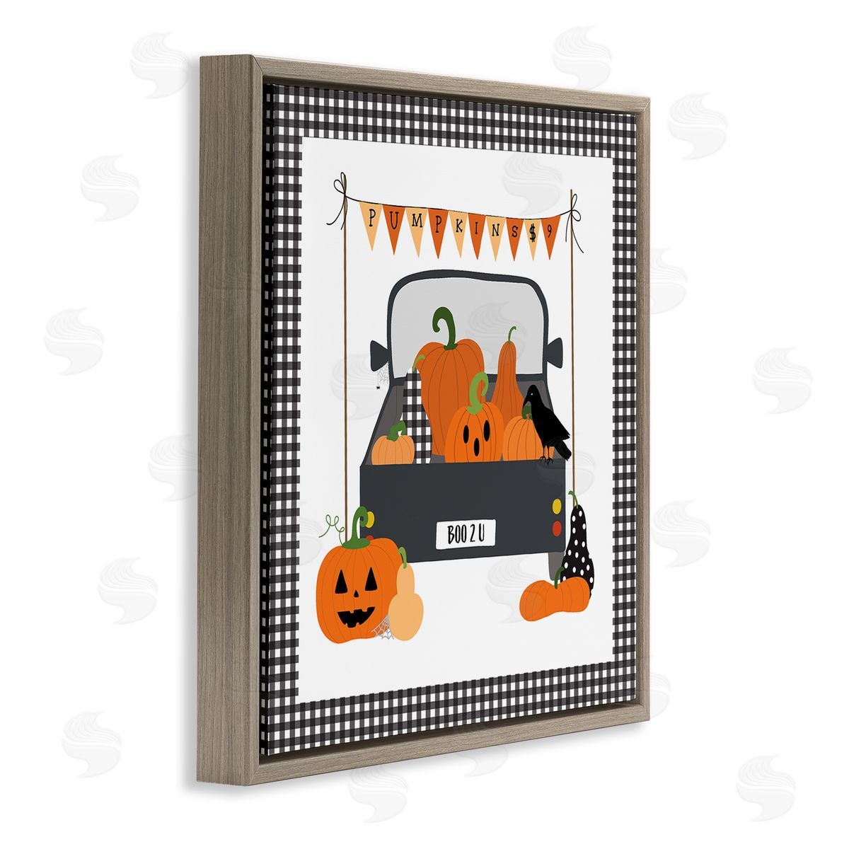 Pumpkin Truck with Gingham Border Brown Floating Frame Canvas Wall Art, Home Decor by Sazerelli Designs