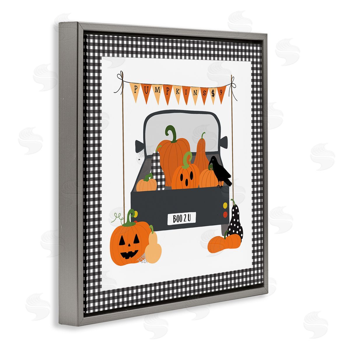 Pumpkin Truck with Gingham Border Grey Floating Frame Canvas Wall Art, Home Decor by Sazerelli Designs