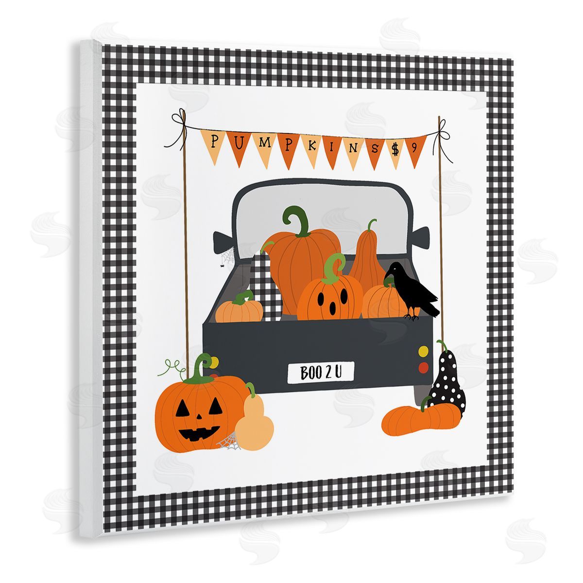 Pumpkin Truck with Gingham Border Wood Plaque Wall Art, Home Decor by Sazerelli Designs