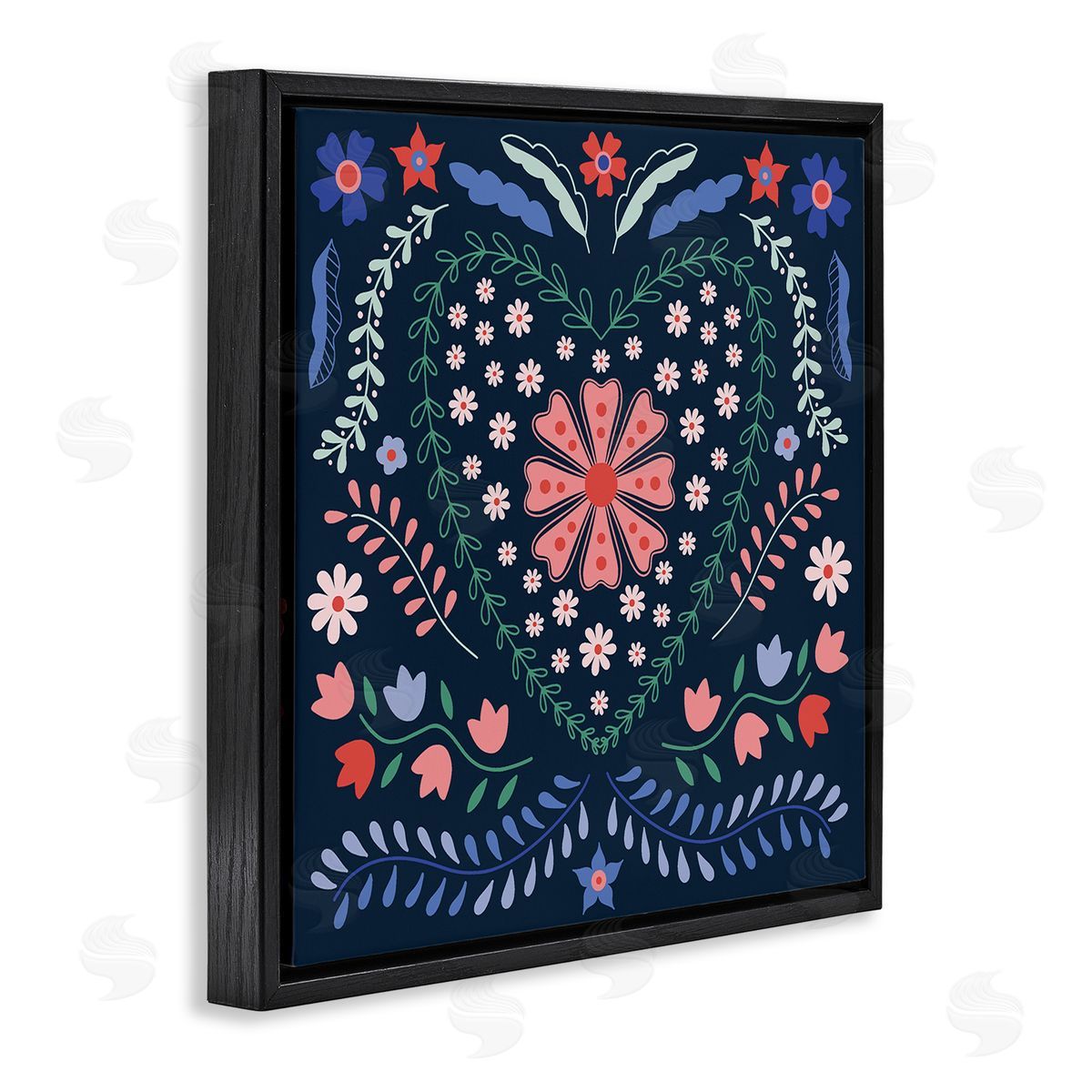 Folk Flowers in Heart Pattern Black Floating Frame Canvas Wall Art, Home Decor by Sazerelli Designs