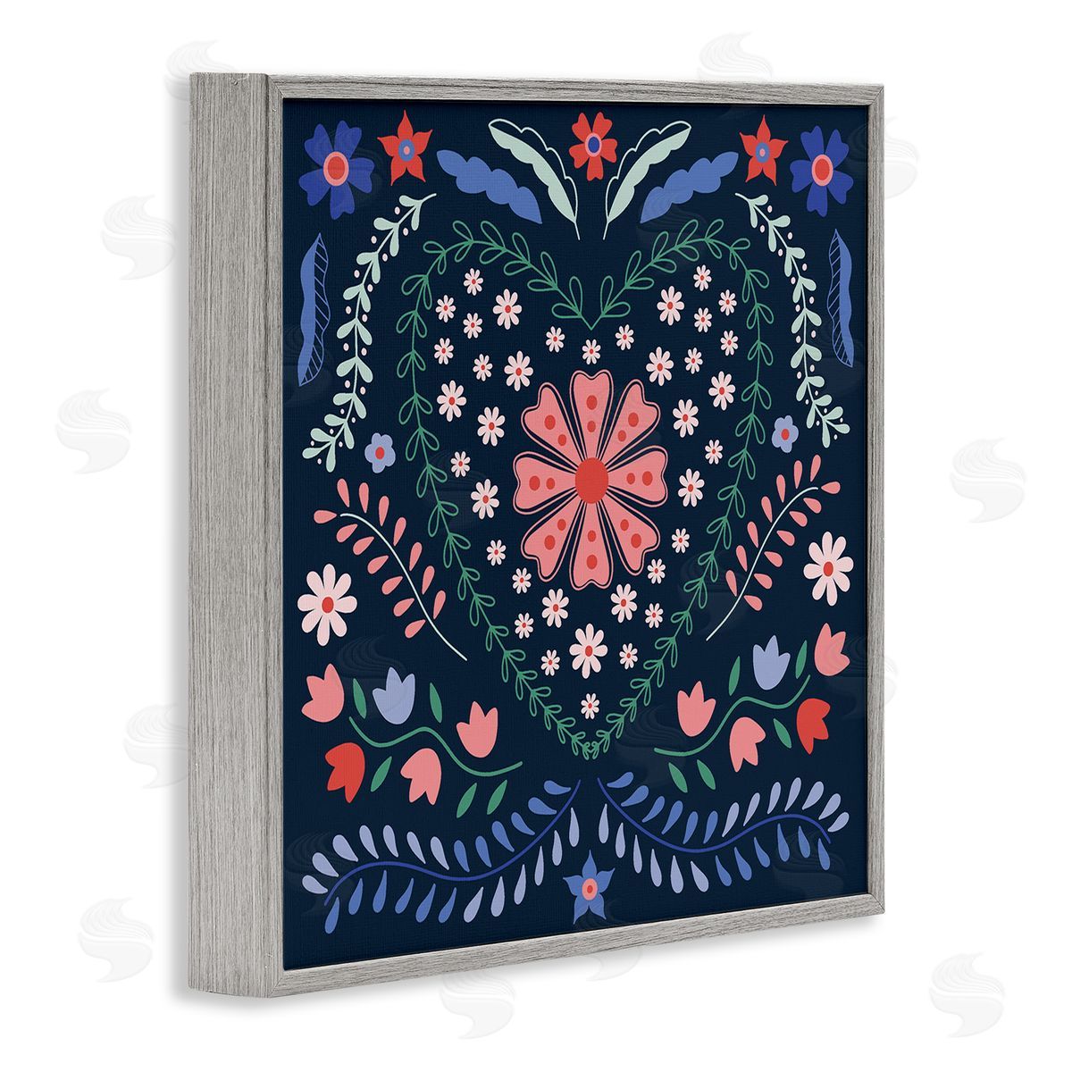 Folk Flowers in Heart Pattern Grey Frame Print Wall Art, Home Decor by Sazerelli Designs