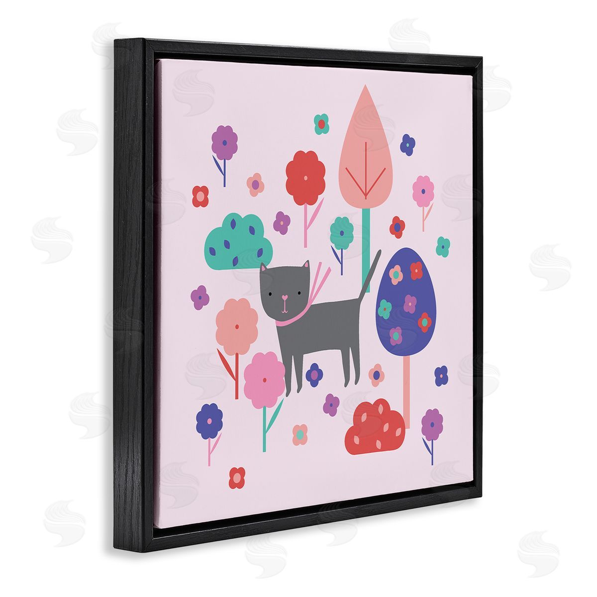 Pastel Whimsical Cat & Trees Black Floating Frame Canvas Wall Art, Home Decor by Sazerelli Designs