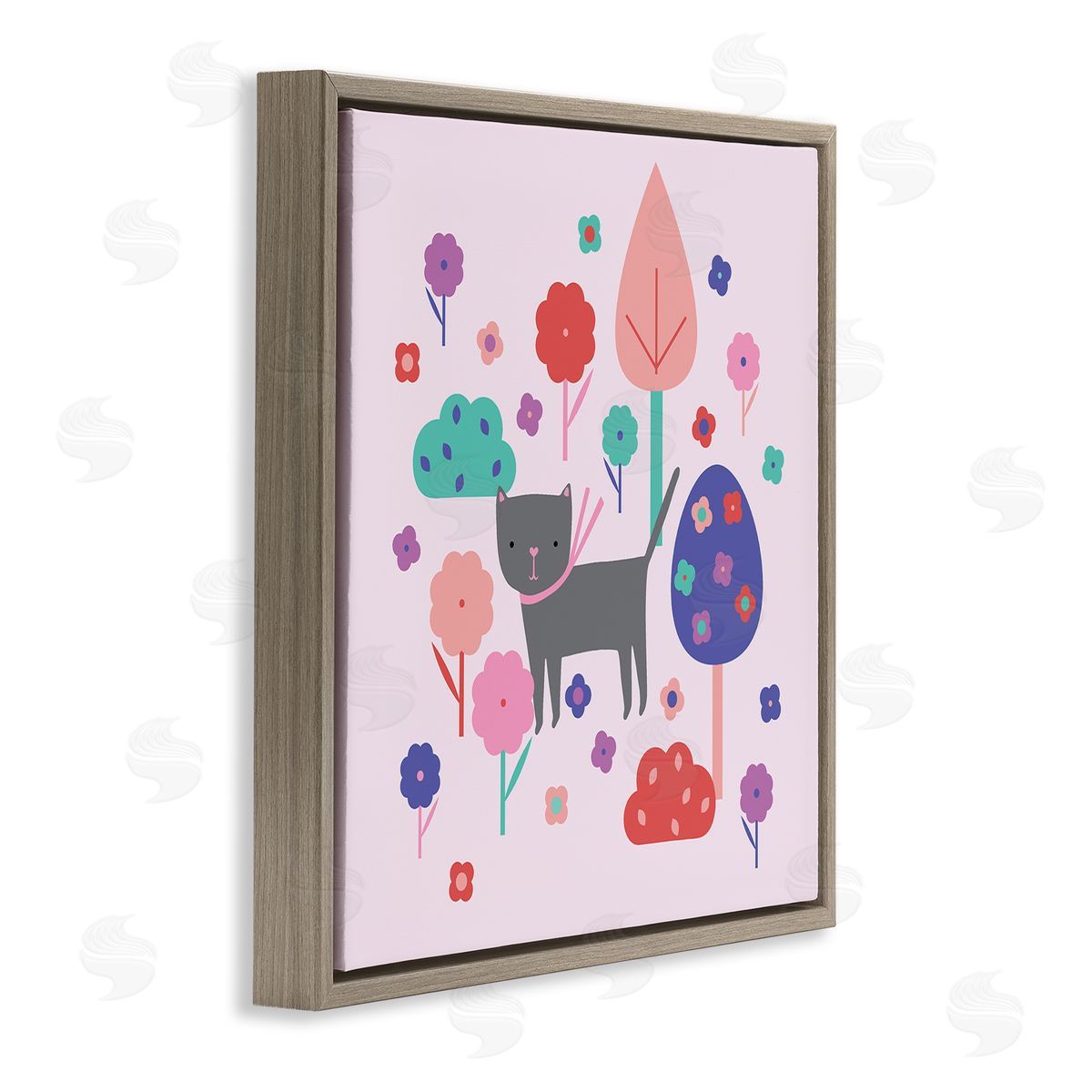 Pastel Whimsical Cat & Trees Brown Floating Frame Canvas Wall Art, Home Decor by Sazerelli Designs