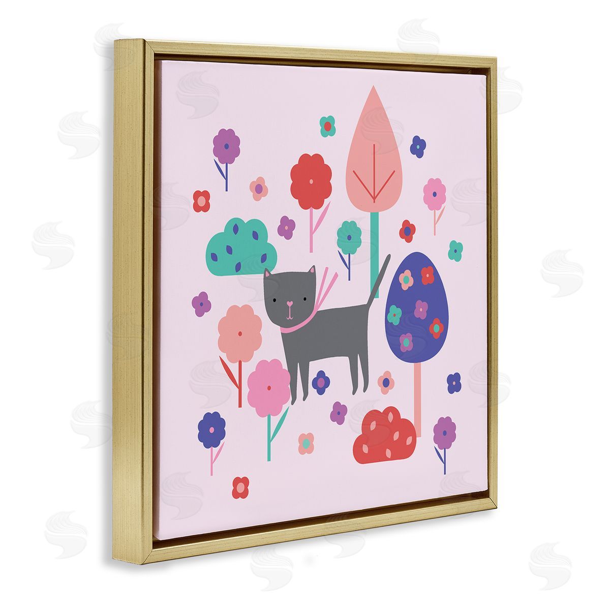 Pastel Whimsical Cat & Trees Gold Floating Frame Canvas Wall Art, Home Decor by Sazerelli Designs