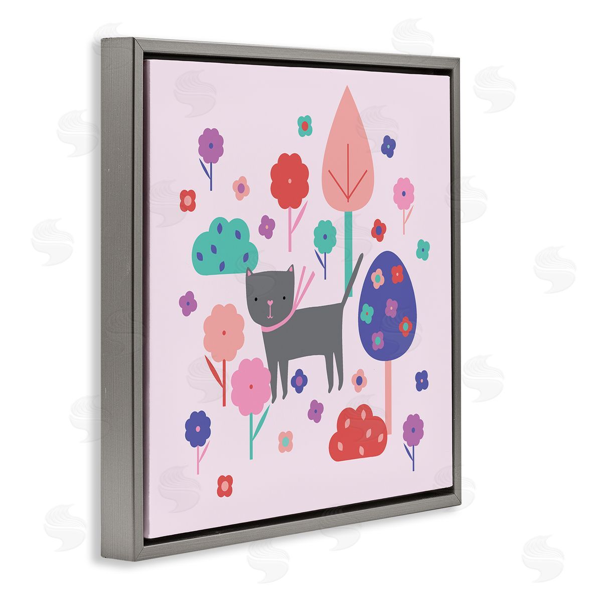 Pastel Whimsical Cat & Trees Grey Floating Frame Canvas Wall Art, Home Decor by Sazerelli Designs