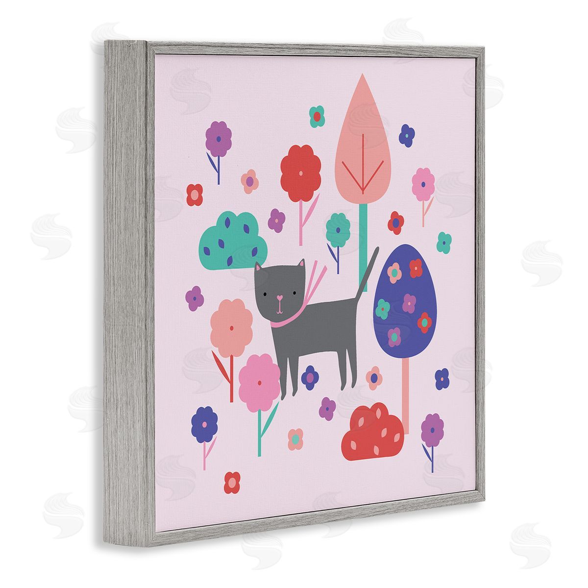 Pastel Whimsical Cat & Trees Grey Frame Print Wall Art, Home Decor by Sazerelli Designs