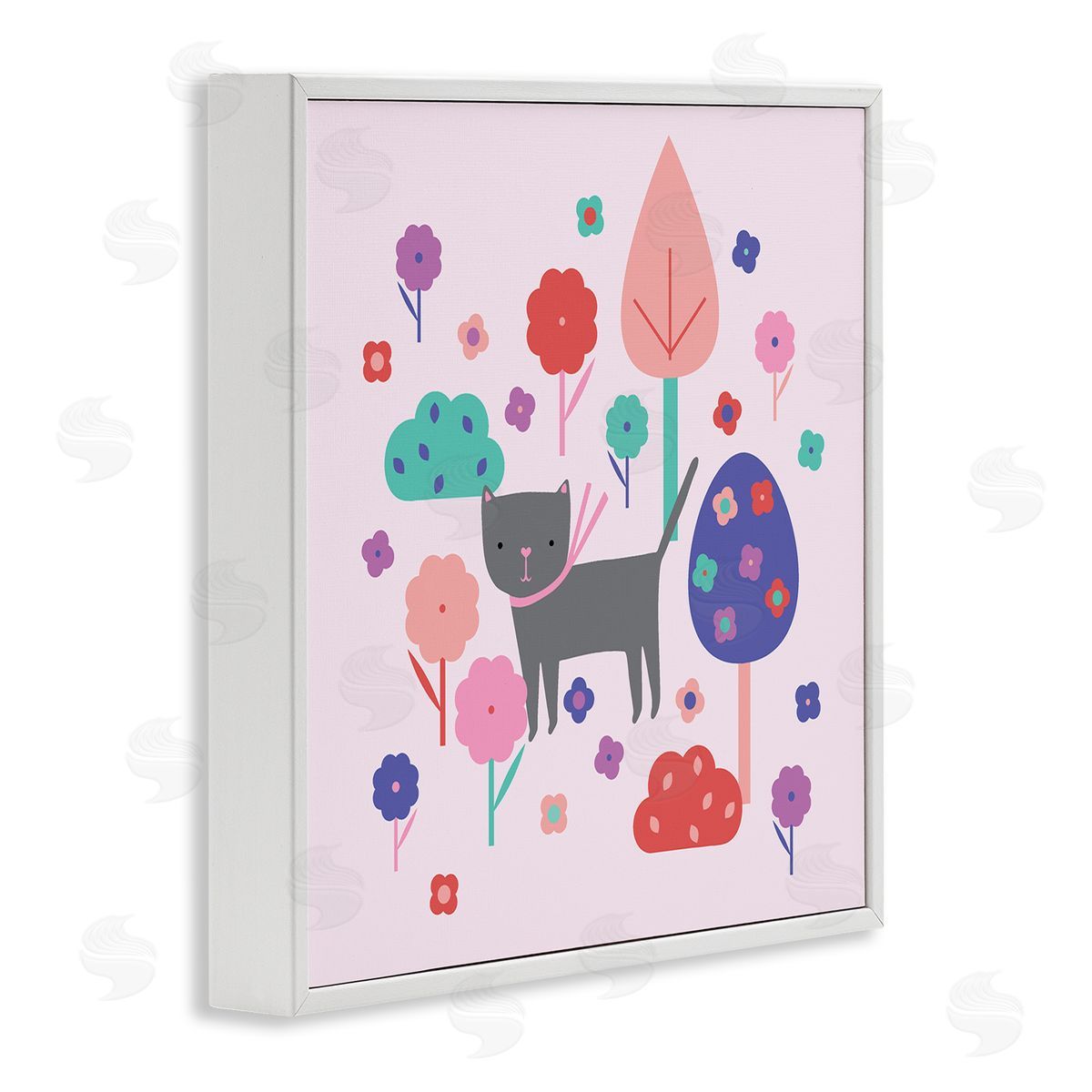 Pastel Whimsical Cat & Trees White Frame Print Wall Art, Home Decor by Sazerelli Designs