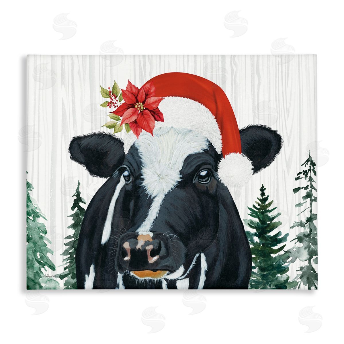 Christmas Hat Cow Portrait Canvas Wall Art, Home Decor by Ashley Justice
