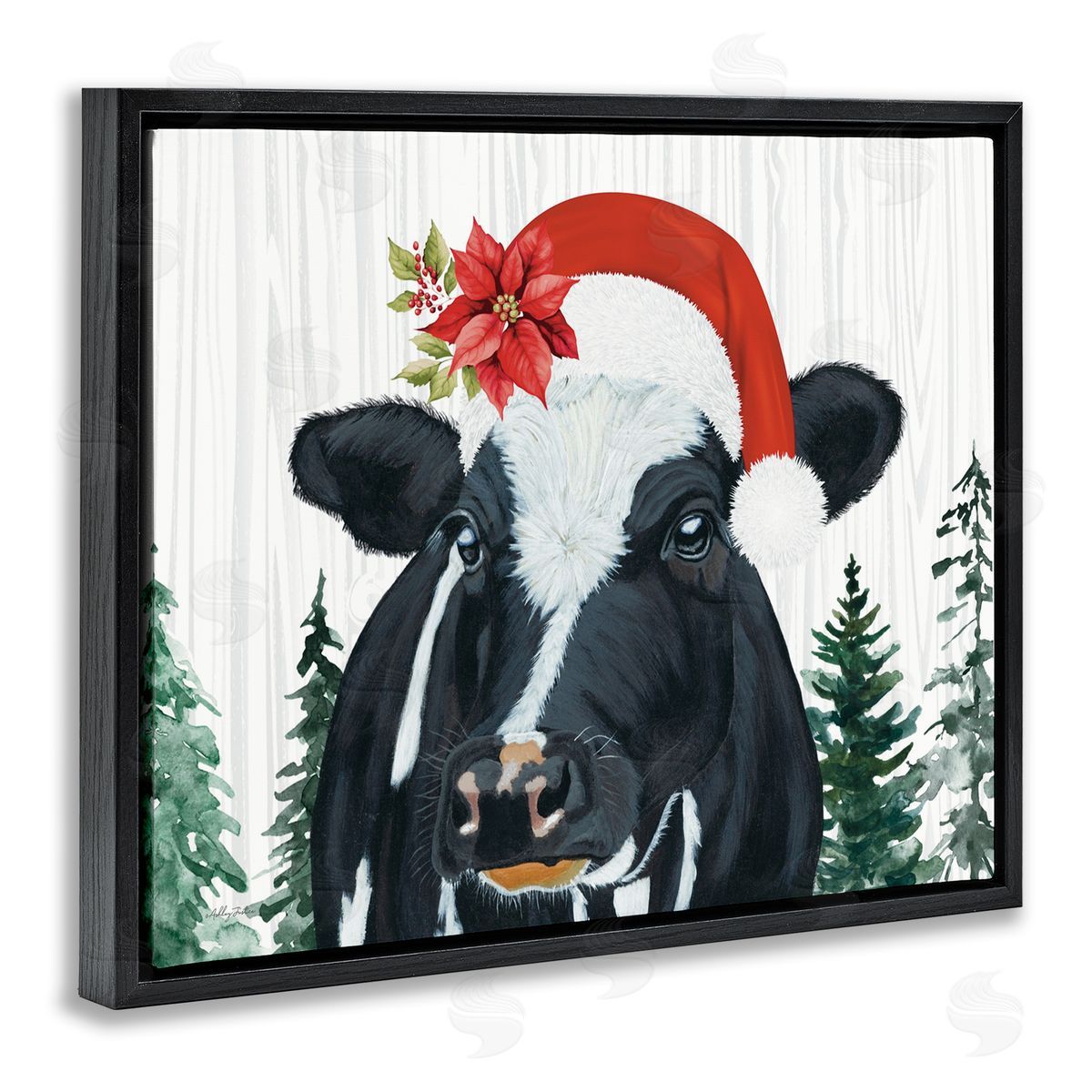 Christmas Hat Cow Portrait Black Floating Frame Canvas Wall Art, Home Decor by Ashley Justice