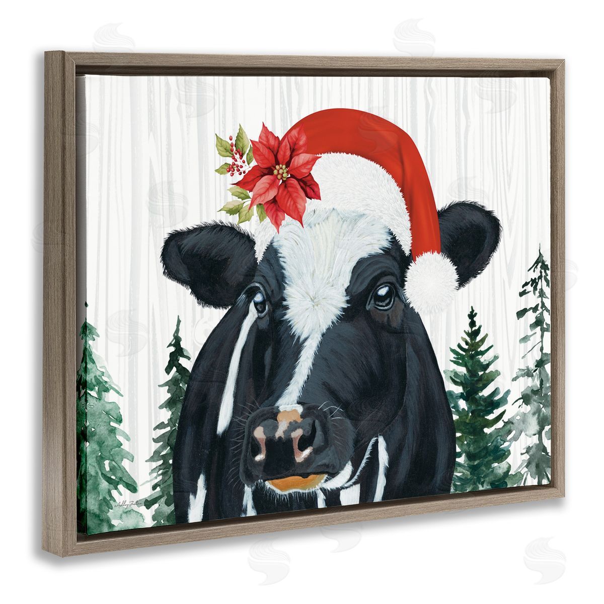 Christmas Hat Cow Portrait Brown Floating Frame Canvas Wall Art, Home Decor by Ashley Justice